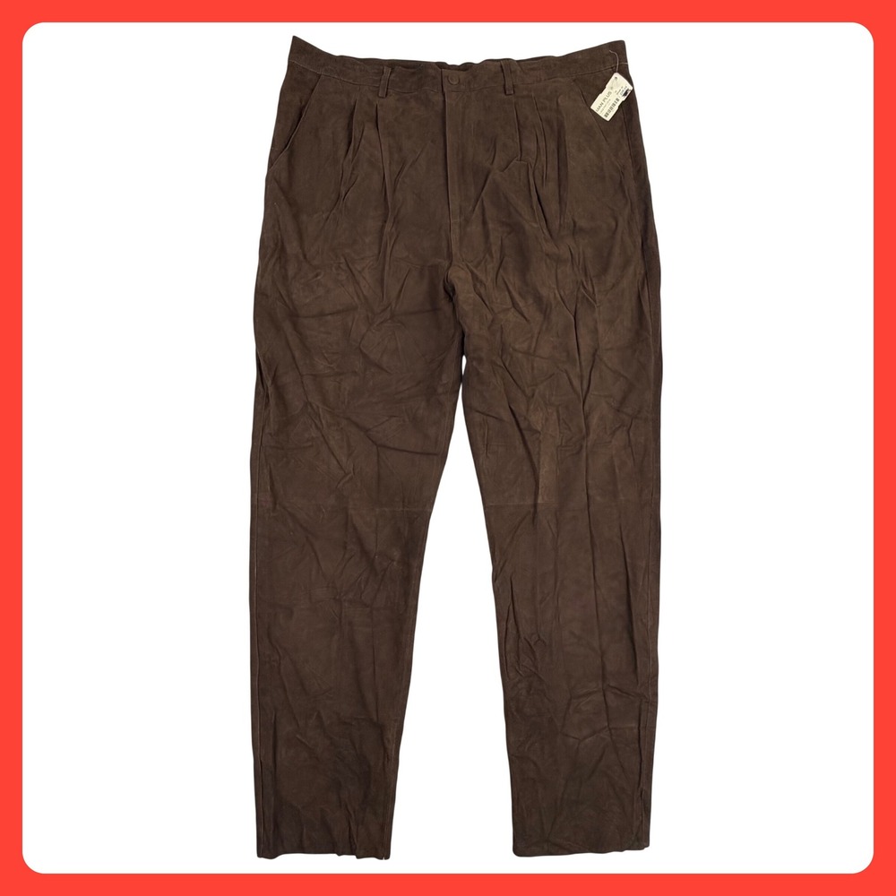 Claude Lamont Pleated Suede Pants Men 42 Brown Genuine Leather Raw Hem NEW